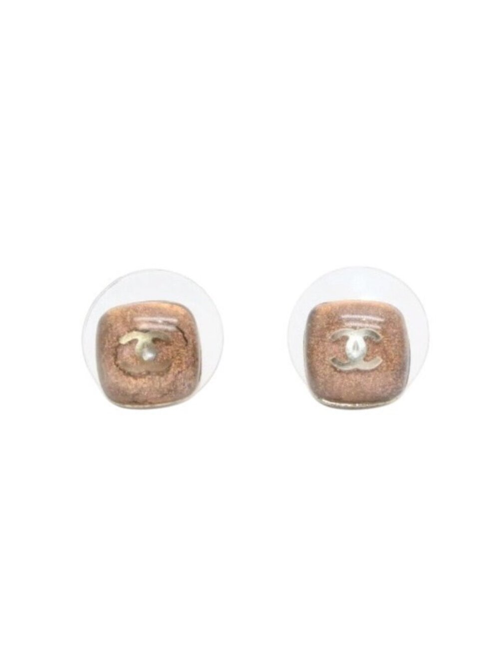 Chanel Earrings CC Logo Button Brown Glitter Silver Mini